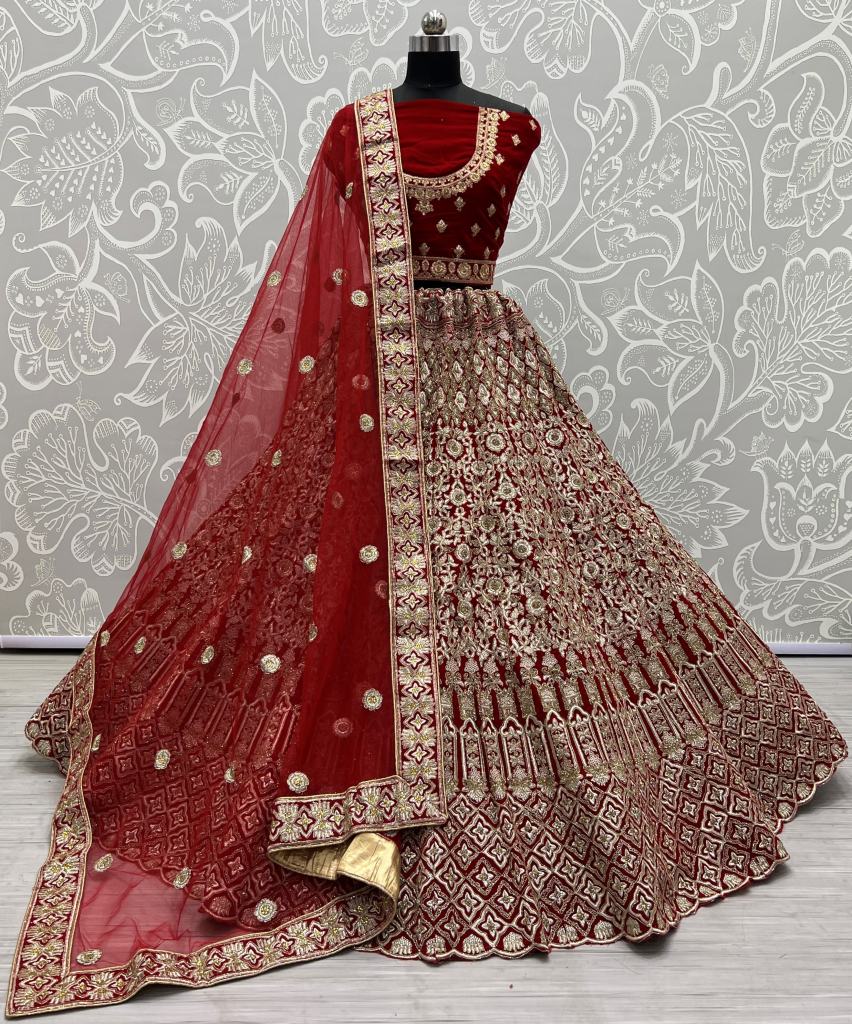 Buy Maroon velvet base heavy dori work wedding lehenga in UK, USA and Canada