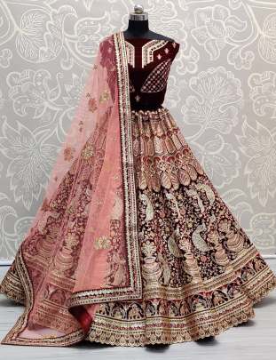 Beautiful Designer Peacock and Kalash Pattern Velvet Bridal Lehenga Choli Gujju Fashions