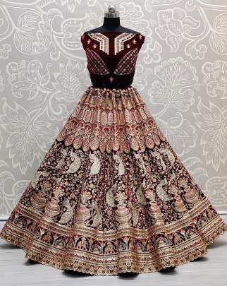 Beautiful Designer Peacock and Kalash Pattern Velvet Bridal Lehenga Choli Gujju Fashions Designer Lehnga Choli