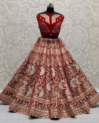 Beautiful Designer Peacock and Kalash Pattern Velvet Bridal Lehenga Choli Gujju Fashions Designer Lehnga Choli