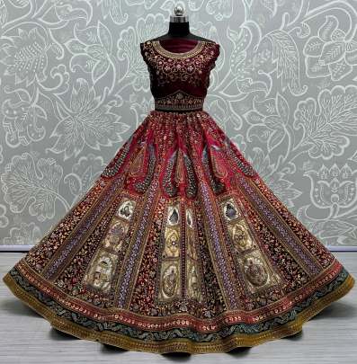 Bridal Lehenga choli in velvet with silk embroidered patch and Beautiful Peacock Pattern Gujju Fashions Designer Lehnga Choli