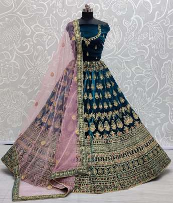 Dori and Multi Thread Embroidery Lycra Velvet Lehenga Choli Gujju Fashions