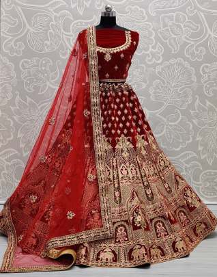 Elephant Figure Embroidery Work Velvet Bridal Lehenga Choli Gujju Fashions