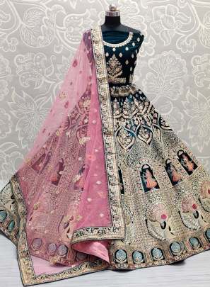 Handcrafted Mirror Work on Velvet Bridal Lehenga Choli Gujju Fashions