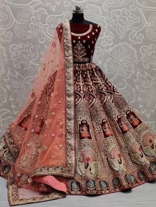 Handcrafted Mirror Work on Velvet Bridal Lehenga Choli Gujju Fashions Designer Lehnga Choli