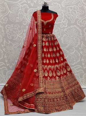 Heavy Work Beautiful Sober Red Velvet Bridal Lehenga Choli Gujju Fashions