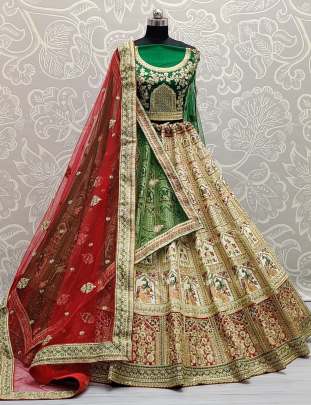 Multi Thread & Sequence Work Silk Bridal Lehenga Choli With Double Dupatta Gujju Fashions