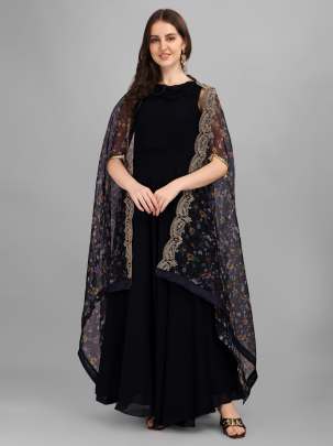 Navy Blue Cploured Plain Gown And Embellished in Cowl Neckline Gujju Fashions