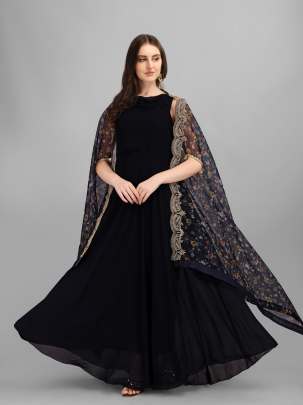 Navy Blue Cploured Plain Gown And Embellished in Cowl Neckline Gujju Fashions Designer Lehnga Choli