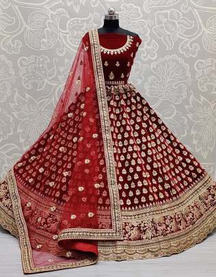 Neatly Crafted With Different Types of Embroidery Velvet Bridal Lehenga Choli Gujju Fashions