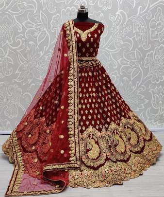 Peacock Embroidery Multi thread Work Velvet Bridal Lehenga Choli Gujju Fashions