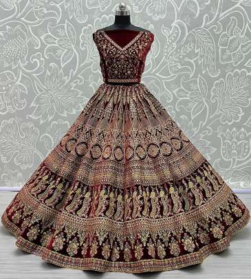 Peacock and Flower Pattern on Velvet Bridal Lehenga Choli Gujju Fashions Designer Lehnga Choli