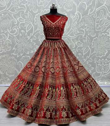 Peacock and Flower Pattern on Velvet Bridal Lehenga Choli Gujju Fashions Designer Lehnga Choli