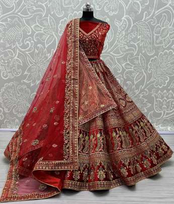 Peacock and Flower Pattern on Velvet Bridal Lehenga Choli Gujju Fashions Designer Lehnga Choli