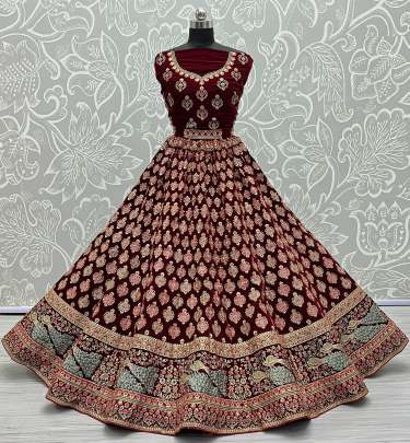 Peacock pattern lace and embroidered bridal Velvet Lehenga choli Gujju Fashions Designer Lehnga Choli