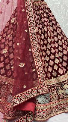 Peacock pattern lace and embroidered bridal Velvet Lehenga choli Gujju Fashions Designer Lehnga Choli