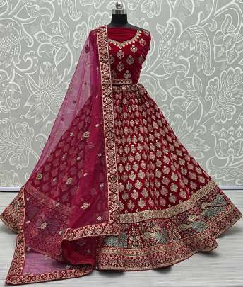 Peacock pattern lace and embroidered bridal Velvet Lehenga choli Gujju Fashions Designer Lehnga Choli