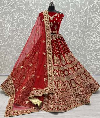 Red & Pink  Velvet Wedding Wear Beautiful Lehenga Choli Gujju Fashions