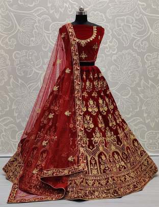 Red and Maroon Embroidery Lehenga Choli Gujju Fashions