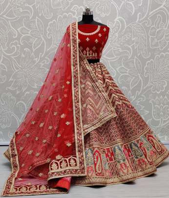 Thread Embroidery and Patch Work Bridal Lehenga Choli With Two Dupatta Gujju Fashions