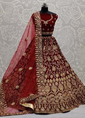 Velvet Designer Embroidery Wedding Wear Lehenga Choli Gujju Fashions