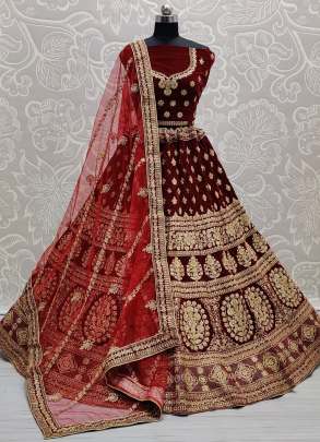 Velvet Lehenga Choli in Red and Maroon With Zircon Gujju Fashions