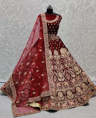 Velvet embroidered bridal Lehenga Choli  and dupatta set Gujju Fashions