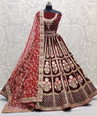 Wedding Wear Designer Hreavy Work Velvet Bridal Lehenga Choli Gujju Fashions