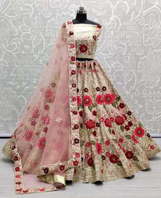 Wedding Wear Patch and Thread work SIlk Bridal Lehenga Choli Gujju Fashions