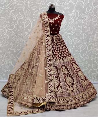 Wedding Wear Velvet Heavy Dori Embroidery Bridal Lehenga Choli Gujju Fashions