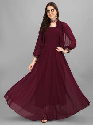Wine Coloured Plain Gown And nackline with peasant sleeves Designer Gown Gujju Fashions