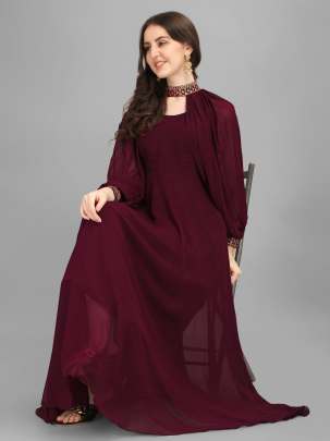 Wine Coloured Plain Gown And nackline with peasant sleeves Designer Gown Gujju Fashions Designer Gown