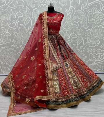 Bridal Lehenga choli in velvet with silk embroidered patch and Beautiful Peacock Pattern Gujju Fashions